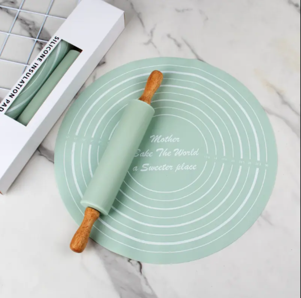 DR- حصيرة خبز سيليكون وعجلة العجين - Silicone Baking Mat and Rolling Pin Set